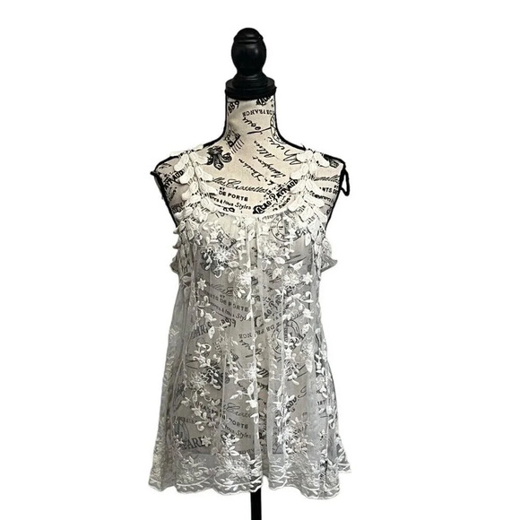 G Collection Womens Beige Lace Crochet Tunic  Coverup Boho Sheer Y2k Blouse L - Picture 1 of 9
